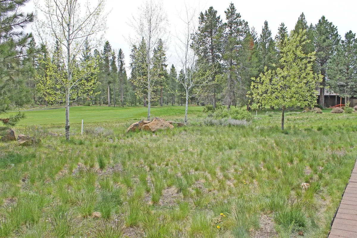 A wide grassy expanse dotted with aspen trees and boulders stretches out to a distant golf course under the warm glow of sunset. The area is framed by autumn leaves in vibrant colors, suggesting a space perfect for outdoor activities and family adventures.